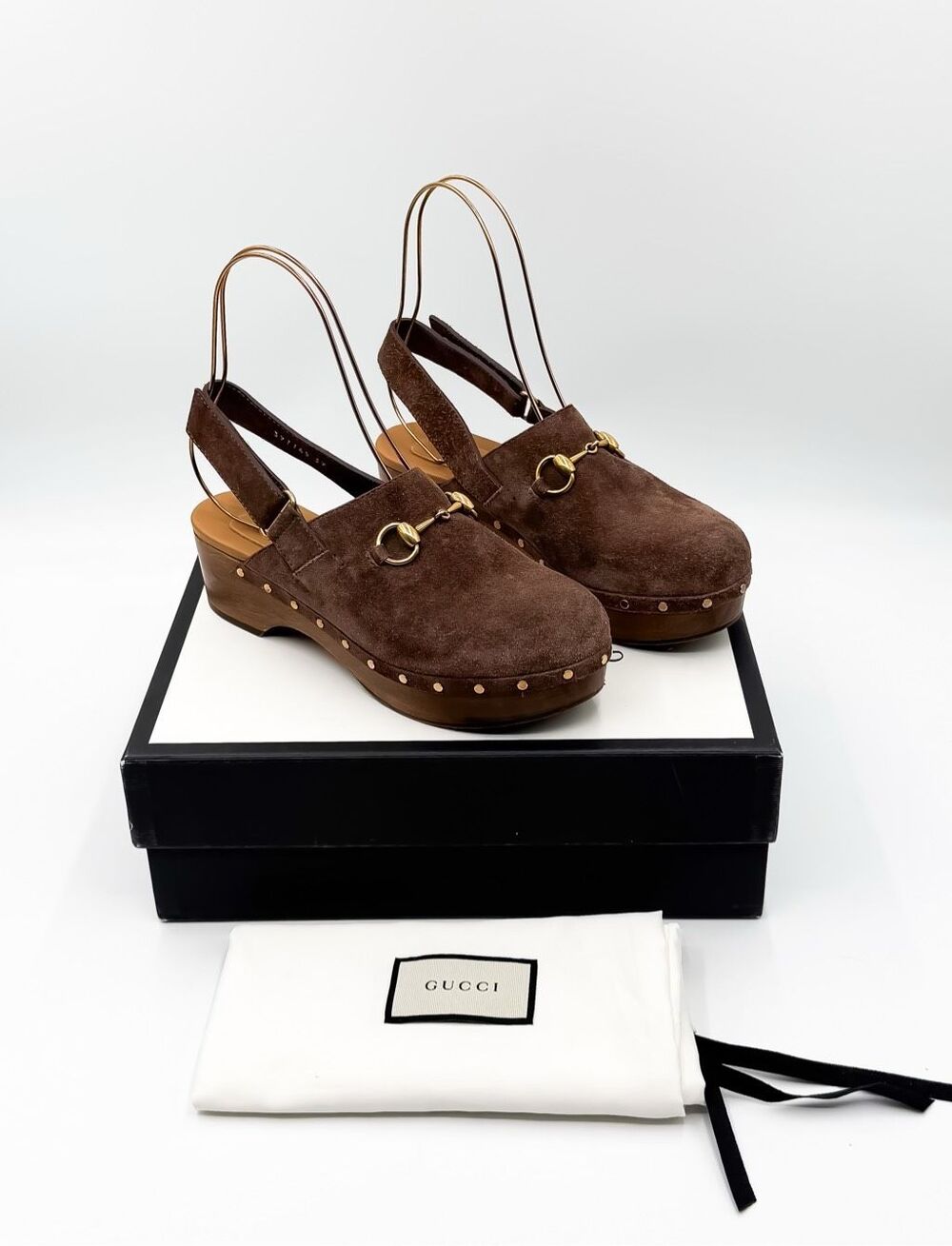 Gucci Amstel Brown Suede Clogs Gold Horsebit Slingback EU 39 US 9
